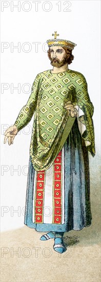 The figure represented here is the Emperor Justinian II in A.D. 711. Justinian II (669-711) was the last reigning Byzantine emperor. He abolished the office of consul. The Byzantine Empire was based in Constantinople (present-day Istanbul in Turkey). The illustration dates to 1882.