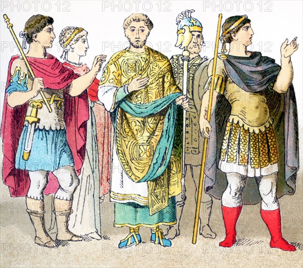 The figures represented here are Byzantines between a.D, 300 and 700. They are, from left to right: Theodosius (379), his consort Aelia Flacilia, consul (428), Heraclius (641), Justinian (656). The illustration dates to 1882. .