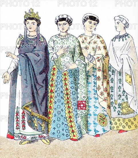 The figures represented here are Byzantines between A.D, 300 and 700. They are, from left to right: Empress Theodora and three noblewomen. The capital of the Byzantine Empire was Constantinople (present-day Istanbul). The illustration dates to 1882.