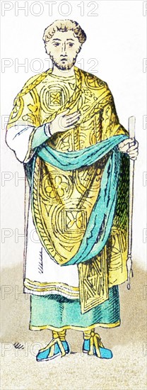 This illustration, which dates to 1882, shows the Byzantine consul Flavius Felix in A.D. 428. He was a leading politician in the western Roman Empire, with its headquarters in the Byzantine Empire in Constantinople (present-day Turkey). He served under the emperors Valentinian III and Theodosius II. The consulate had been the highest elected office during the roman Republic and it became an appointed position during the Empire.