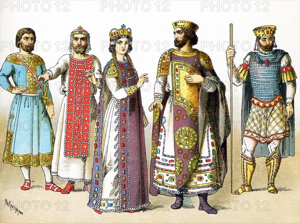 The illustration here highlights Byzantines between 800 and 1000 A.D. From left to right, they are: man of rank, Basileus in 886, Byzantine Empress, Byzantine Emperor, Basileus II in 1025 A.D. The illustration dates to 1882.