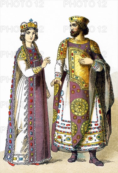 The illustration here highlights Byzantine royals between 800 and 1000 A.D. From left to right, they are a Byzantine Empress and a Byzantine Emperor. The illustration dates to 1882.