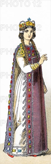 The illustration here highlights a Byzantine Empress between 800 and 1000 A.D. The illustration fates to 1882.