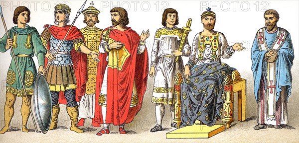 The Byzantine figures represent, from left to right, two warriors (A.D. 800),, the emperor Nicephorus I (A.D. 811), a man of noble rank, an arms-bearer, the emperor Basileus (A.D. 886), and a bishop.