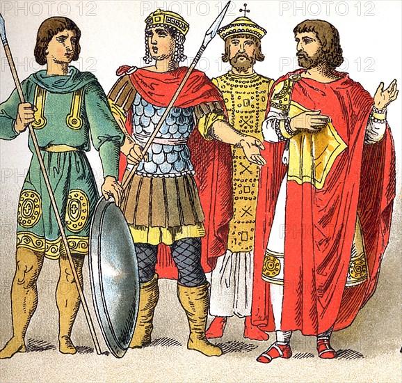 The Byzantine figures represent, from left to right, two warriors (A.D. 800), the emperor Nicephorus I (A.D. 811), and a man of noble rank.