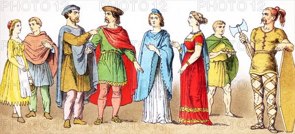 The figures pictured here are Franks from the years A.D. 400 to 600. They are, from left to right: two people of lower ranks, two citizens of position, two women of rank, a servant, and an armed Frank. Franks were members of the Germanic nation or coalition that conquered Gaul (present-day France) in the 6th century. .