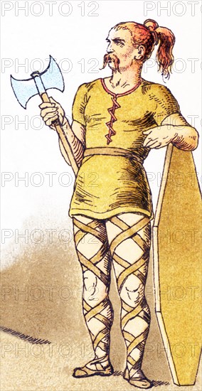 The figure pictured here is an armed Frankish warrior between the years A.D. 400 to 600. Franks were members of the Germanic nation or coalition that conquered Gaul (present-day France) in the 6th century. .