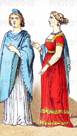 The two figures pictured here are Frankish women of rank from the years A.D. 400 to 600. Franks were members of the Germanic nation or coalition that conquered Gaul (present-day France) in the 6th century. .