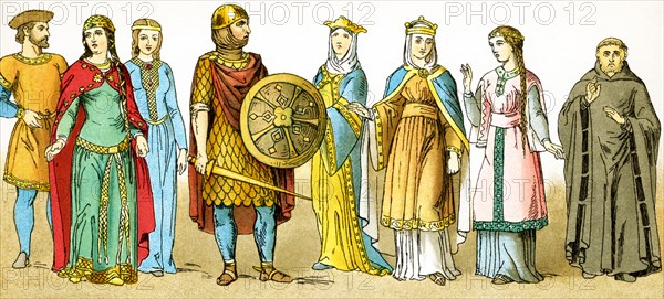 The figures pictured here are Franks from the years A.D. 700 to 800. They are, from left to right: a man of rank, a princess, a woman of rank, a warrior, a princess, two women of rank, a Benedictine monk. Franks were members of the Germanic nation or coalition that conquered Gaul (present-day France) in the 6th century.