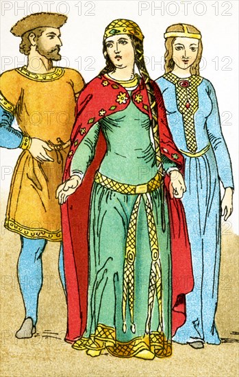 The figures pictured here are Franks from the years A.D. 700 to 800. They are, from left to right: a man of rank, a princess, and a woman of rank. Franks were members of the Germanic nation or coalition that conquered Gaul (present-day France) in the 6th century.