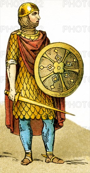 The figure pictured here is a Frank warrior from the years A.D. 700 to 800. Franks were members of the Germanic nation or coalition that conquered Gaul (present-day France) in the 6th century.