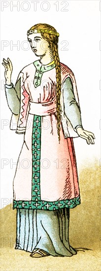 The figure pictured here is a Frank woman of rank from the years A.D. 700 to 800. Franks were members of the Germanic nation or coalition that conquered Gaul (present-day France) in the 6th century.