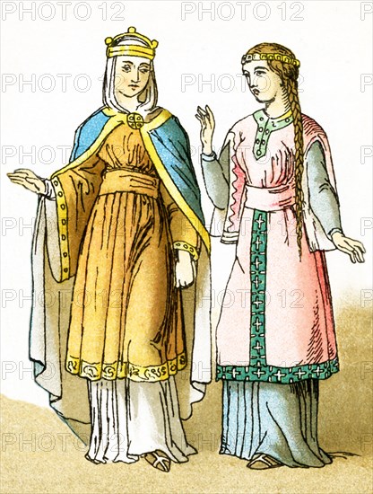 The figures pictured here are Franks from the years A.D. 700 to 800. They are a princess, and a woman of rank. Franks were members of the Germanic nation or coalition that conquered Gaul (present-day France) in the 6th century.