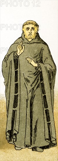 The figure pictured here is a Benedictine monk from the years A.D. 700 to 800. The Benedictine order is a Catholic monastic order founded in the 6th century. It is noted for liturgical worship and for scholarly activities.