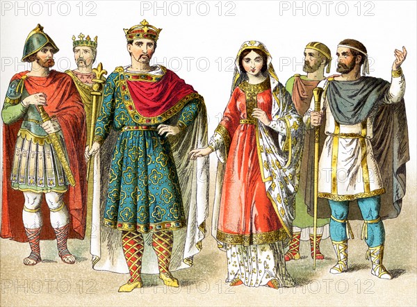 The figures here are Franks in A.D. 800. Franks were members of the Germanic nation or coalition that conquered Gaul (present-day France) in the 6th century. Represented here, from left to right are: a warrior, Charles the Bald (two views - Holy Roman Emperor 875-877 and king of West Francia 840-877), a woman of rank, two men of rank. The illustration dates to 1882. .