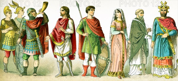 The figures here are Franks in A.D. 800. Franks were members of the Germanic nation or coalition that conquered Gaul (present-day France) in the 6th century. Represented here, from left to right are: three warriors, a man of rank, a warrior, a woman of rank, a priest, and Charles the Bald (Holy Roman Emperor 875-877 and king of West Francia 840-87). The illustration dates to 1882. .