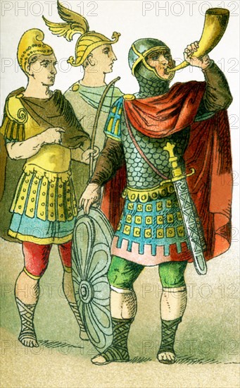 The figures here are three Frank warriors in A.D. 800. Franks were members of the Germanic nation or coalition that conquered Gaul (present-day France) in the 6th century. The illustration dates to 1882. .