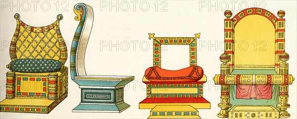 The thrones used by Christian royalty in Europe in the Middle Ages were of various shapes and sizes, and often decorated with various colors and inlaid stones and gems. The throne, second left, depicts the one used by Charles the Bald (823-877), who was king of France and ruler of the Holy Roman Empire.