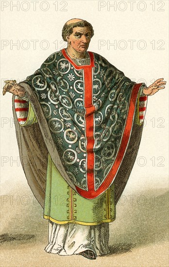 The costume depicted here represents the garb worn around A.D. 900 by a French bishop. The illustration dates to 1882.