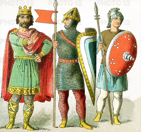 In this 1882 illustration are pictured a French king and two French soldiers‚Äîdating to around A.D. 900.