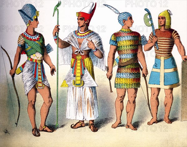 The figures represented here, from left to right, are an Egyptian pharaoh and three Egyptian warriors. The illustration dates to 1882.