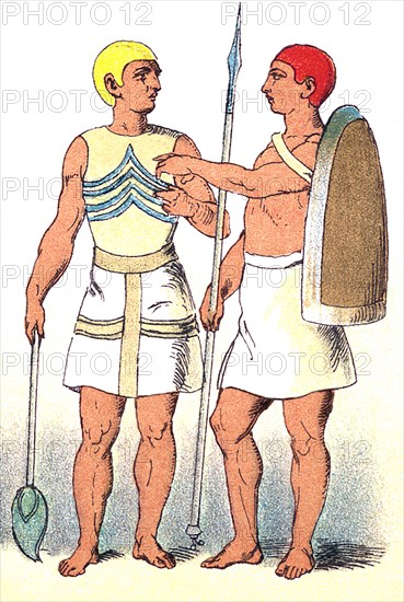 This 1882 illustration represents two ancient Egyptian warriors, with the wall paintings uncovered in ancient Egyptian tombs as the model. .