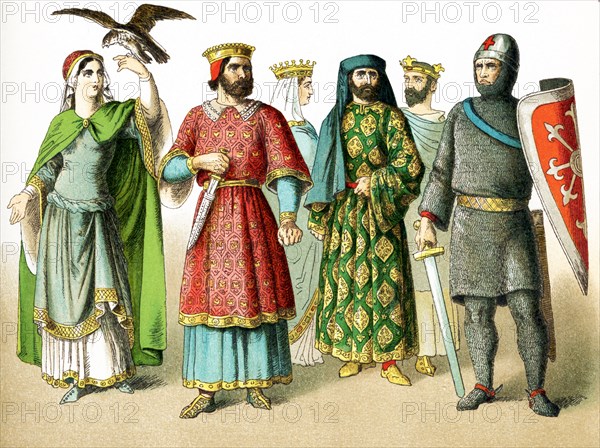 The figures depicted here represent French people around A.D. 1000. They are, from left to right: a lady of rank, an earl, Queen matilda, King Henrt I in 1031, and a knight of the First Crusade. The illustration dates to 1882.