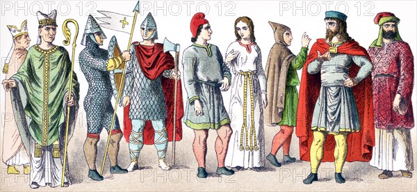 The figures depicted here show people of France in the year A.D. 1000. They are, from left to right: two bishops, two warriors, commoners (two men and a woman), and two nobles. The illustration dates to 1882.