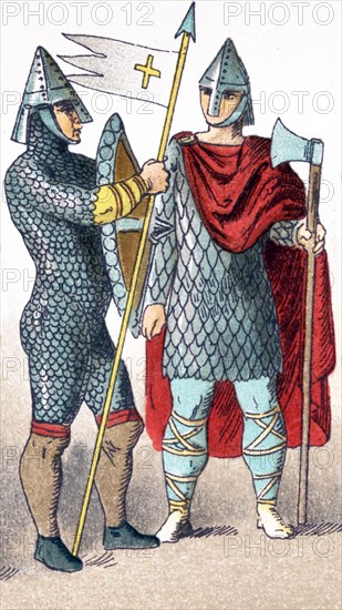 The figures depicted here show two French warriors in the year A.D. 1000. The illustration dates to 1882.