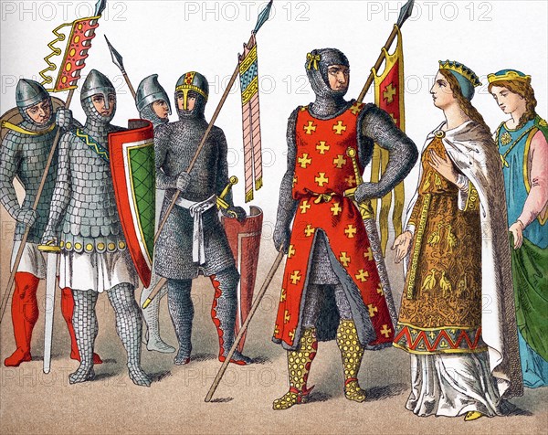 The figures shown here represent Germans around A.D. 1100. They are from left to right: five warriors and two princesses. The illustration dates to 1882.