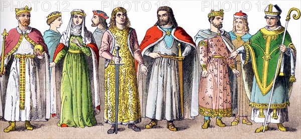 The figures here are Germans in A.D. 1100. The represent, from left to right: Emperor Frederick I (Barbarossa) (1190), princess, consort of Henry the Lion, three noblemen, a king, a nobleman, and a bishop. The Illustration dates to 1882. .