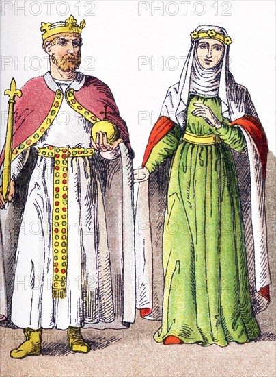 The figures here are Germans in the A.D. 1100s. They represent the Emperor Frederick I (Barbarossa) (1190) and the consort of the prince Henry the Lion. The Illustration dates to 1882. .