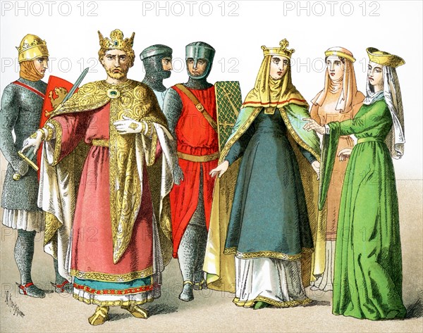 The figures represented here are Normans between A.D. 1000 and 1100. They are, from left to right: King Richard the Lionhearted in military garb and in royal attire, two knights, Queen Berengaria, two ladies of rank. The illustration dates to 1882.