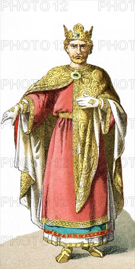 The figure represented here is King Richard the Lionhearted (1157-1199). He was king of England from 1189-1199. His mother was Eleanor of Aquitaine. Among his titles was Duke of Normandy and duke of Aquitaine. He was the principal Christian commander of the Third Crusade and fought Saladin, but never took Jerusalem. The illustration dates to 1882.