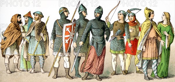 The figures represented here are Normans between A.D. 1000 and 1100. They are, from left to right: herdsman, man of rank, pilgrim, five warrors, man of rank, lady of rank. The illustration dates to 1882.