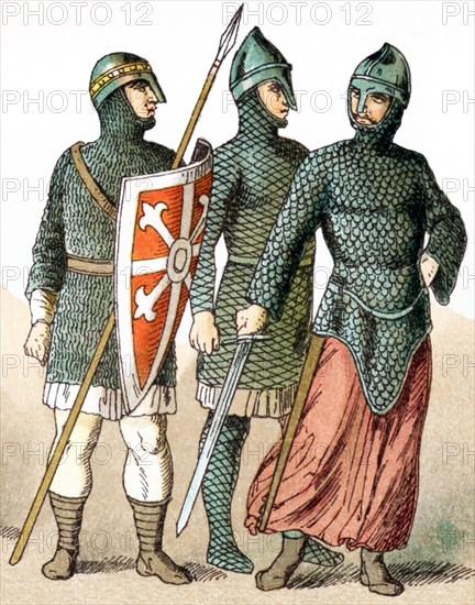 The figures represented here are Norman warriors between A.D. 1000 and 1100. The Normans gave their name to the northwest region of France - Normandy. They were descendants of Viking conquerors of the area. The illustration dates to 1882.