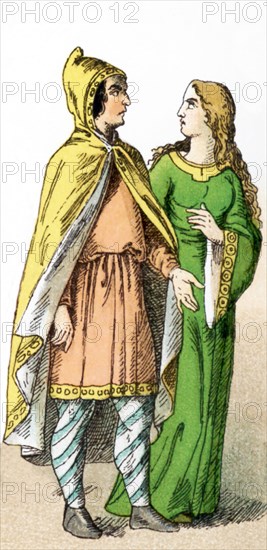 The figures represented here are a Norman man of rank and a Norman lady of rank between A.D. 1000 and 1100. The Normans gave their name to the northwest region of France - Normandy. They were descendants of Viking conquerors of the area. The illustration dates to 1882.