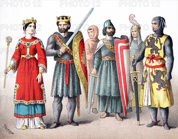 The figures represented here are French around A.D. 1100. They are, from left to right: queen, king, costume of the people, three knights. The ilustration dates to 1882.