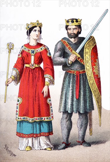 The figures represented here are a French queen and king around A.D. 1100. The ilustration dates to 1882.