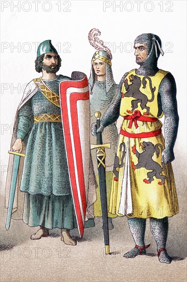 Represented in this 1882 illustration are three French knights around A.D. 1100.