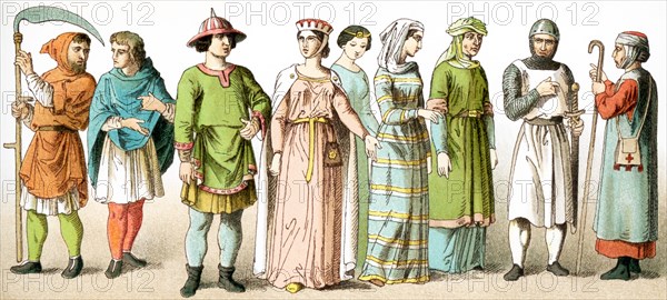 The figures represent French people around A.D. 1100. They are, from left to right: two peasants, man of rank, four ladies of rank, warrior, pilgrim. The illustration dates to 1882.