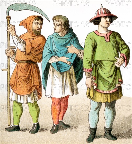 The figures represent French people around A.D. 1100. They are, from left to right: two peasants and a man of rank. The illustration dates to 1882.