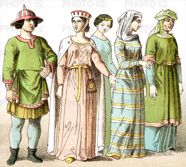 The figures represent French people around A.D. 1100. They are, from left to right: a man of rank and four ladies of rank. The illustration dates to 1882.