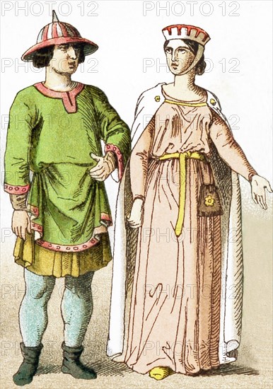 Represented here are a French man of rank and a French lady of rank around A.D. 1100. The illustration dates to 1882.