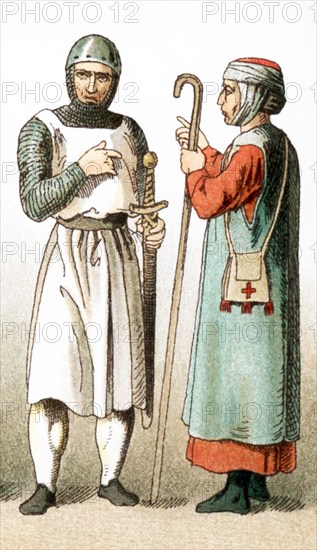 The figures represent French people around A.D. 1100. They are, from left to right: a warrior and a pilgrim. The illustration dates to 1882.