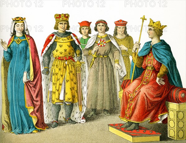 The figures depicted here represent German royalty and nobles in the A.D. 1200s. They are, from left to right: Empress Anna (died 1281), Duke Henry of Breslaw, three earls, and Emperor Frederick II (died 1250). The illustration dates to 1882.