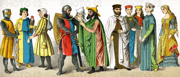 Pictured here are Germans from a variety of walks of life around 1700. They are, from left to right: knight, doctor, falconer, knight, two Jewish men, knight of the Teutonic Order, four ladies of rank. This illustration dates to 1882.