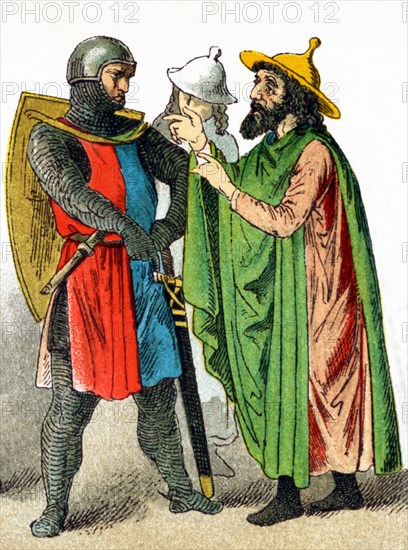 Pictured here are three Germans around 1700. They are, from left to right: a knight and two Jewish men. This illustration dates to 1882.