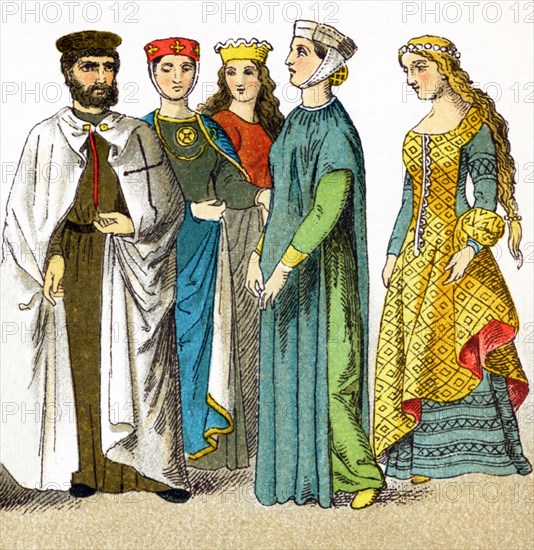 Pictured here are Germans from around 1200. They are, from left to right: a knight of the Teutonic Order and four ladies of rank. This illustration dates to 1882.