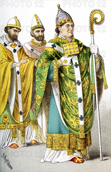 The figures pictured here represent Roman Catholic popes. They are, from left to right: pope in 1000, pope in 1100, and pope in 1200. The illustration dates to 1882.